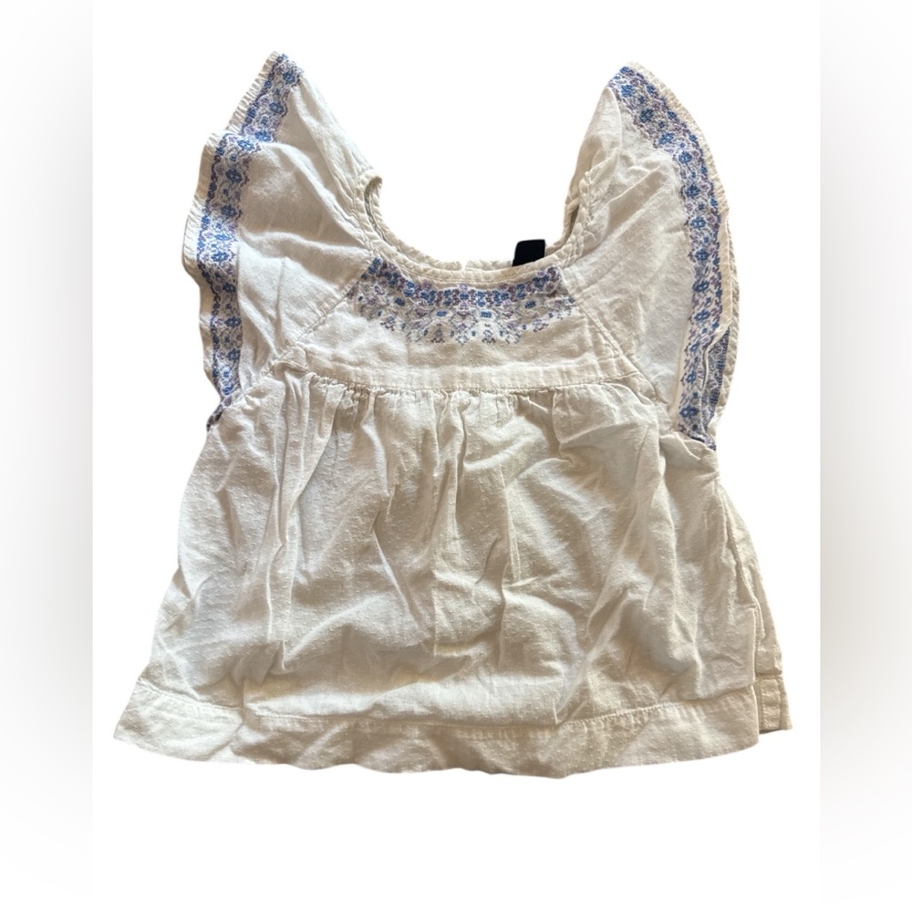 GAP White Blouse with Blue Embroidery Bohemian Baby 2T Flutter Sleeve Blouse